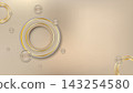 Elegant luxury beige background featuring metallic gold concentric rings and floating glass sphere orbs. Perfect for premium cosmetic displays, product showcases, and corporate presentations 143254580