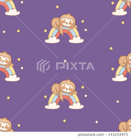 Seamless Pattern Cute Kawaii Sleeping Sloth on Rainbow with Clouds and Stars. Resting Dreamy Baby Cartoon Animal on Dark Purple Background. Vector Illustration. Kids collection for Repeat Design. Seamless Pattern Cute Kawaii Sleeping Sloth on Rainbow with Clouds and Stars. Resting Dreamy Baby Cartoon Animal on Dark Purple Background. Vector Illustration. Kids collection for Repeat Design. 143254973