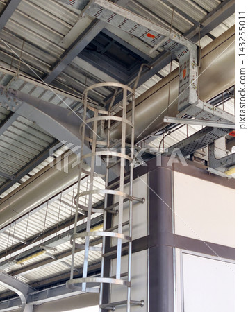 Industrial steel fixed ladder with safety cage leading to building roof access Industrial steel fixed ladder with safety cage leading to building roof access 143255011