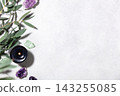 Wellness Background with Eucalyptus, Crystals and Burning Candle 143255085