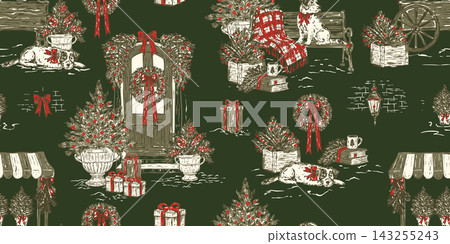 Christmas Panoramic Toile Seamless Pattern Vector Christmas Panoramic Toile Seamless Pattern Vector 143255243