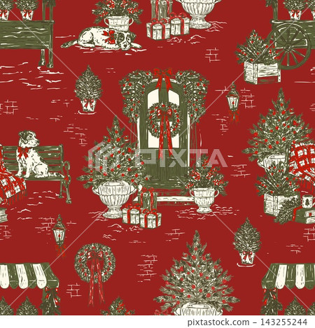 Christmas Street Scene Seamless Toile Pattern Vector Christmas Street Scene Seamless Toile Pattern Vector 143255244