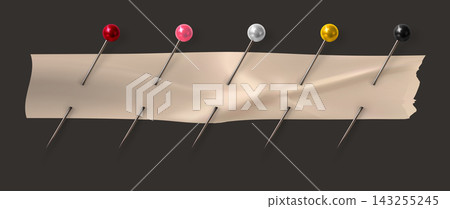 Realistic Glossy Sewing Pins Holding Decorative Strip For Scrapbooking Craft Creative Tailoring Design Realistic Glossy Sewing Pins Holding Decorative Strip For Scrapbooking Craft Creative Tailoring Design 143255245