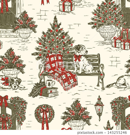 Christmas Dog Doorway Toile Seamless Pattern Vector Christmas Dog Doorway Toile Seamless Pattern Vector 143255246