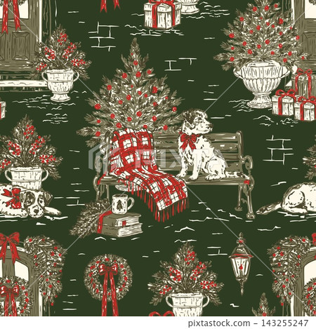 Christmas Cozy Scene Toile Seamless Pattern Vector Christmas Cozy Scene Toile Seamless Pattern Vector 143255247