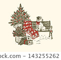 Christmas Dog Bench Toile Sketch Greeting Card Vector 143255262