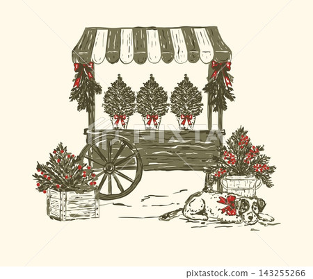 Christmas Market Cart Toile Sketch Greeting Card Vector Christmas Market Cart Toile Sketch Greeting Card Vector 143255266