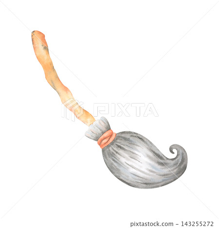 A magical watercolor broomstick for a witch's Halloween flight. An element of a spooky party costume. A hand-drawn cleaning tool. An isolated cartoon-style broom for design use. A magical broomstick A magical watercolor broomstick for a witch's Halloween flight. An element of a spooky party costume. A hand-drawn cleaning tool. An isolated cartoon-style broom for design use. A magical broomstick 143255272