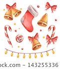 Watercolor Christmas decorations with a stocking, bells and candy canes on white background. Hand-painted holiday sticker elements. Festive clipart for seasonal cards, gift wrap and crafts. 143255336