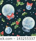 Watercolor Christmas bauble and holly seamless pattern. Hand-painted holiday ornaments repeat with snowflakes and berries. Festive winter textile and wrapping paper design. 143255337