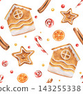 Watercolor Christmas gingerbread cookies and candy cane seamless pattern. Hand painted holiday illustration. Festive baking and seasonal treats. New Year celebration and wrapping paper 143255338