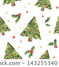 Watercolor Christmas trees and holly in a seamless pattern. Hand painted holiday repeat design. Christmas and New Year celebration decor. Festive wrapping paper and textile background. 143255340