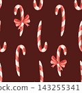 Watercolor candy cane and bow seamless pattern on burgundy background. Christmas and New Year holiday design for wrapping paper. Hand painted festive repeat. Seasonal greeting card and gift 143255341