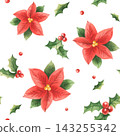 Watercolor poinsettia and holly seamless pattern on white background. Christmas and New Year holiday wrapping paper. Hand painted botanical illustration. Festive seasonal design 143255342