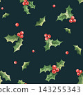 Watercolor holly leaves and red berries in a seamless Christmas pattern. Hand painted botanical illustration. Christmas and New Year holiday design. Wrapping paper and textile surface 143255343