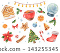 Watercolor Christmas clipart set with decorated tree, ornaments, gingerbread and festive treats. Holiday sticker elements. Hand painted winter celebration. Seasonal greeting card design. 143255345