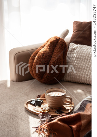 Cozy autumn scene with hot chocolate marshmallows and chocolate on a tray Cozy autumn scene with hot chocolate marshmallows and chocolate on a tray 143255747