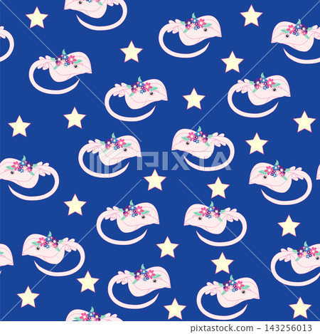 Children's print for newborns with sea animals. Animal in a wreath among the stars and crescent moon Children's print for newborns with sea animals. Animal in a wreath among the stars and crescent moon 143256013