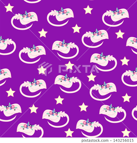 Children's print for newborns with sea animals. Animal in a wreath among the stars and crescent moon Children's print for newborns with sea animals. Animal in a wreath among the stars and crescent moon 143256015