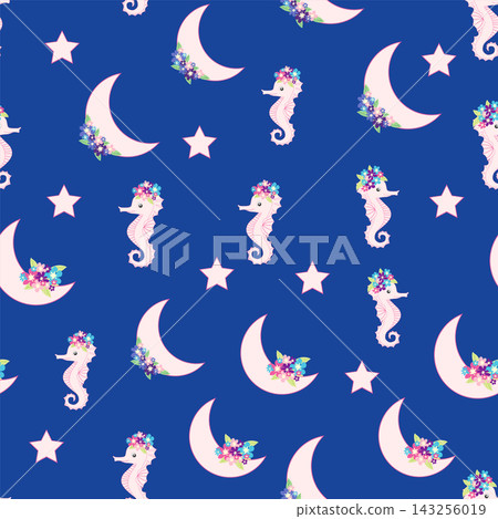 Children's print for newborns with sea animals. Animal in a wreath among the stars and crescent moon 143256019