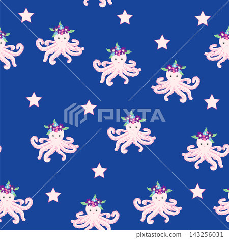 Children's print for newborns with sea animals. Animal in a wreath among the stars and crescent moon Children's print for newborns with sea animals. Animal in a wreath among the stars and crescent moon 143256031