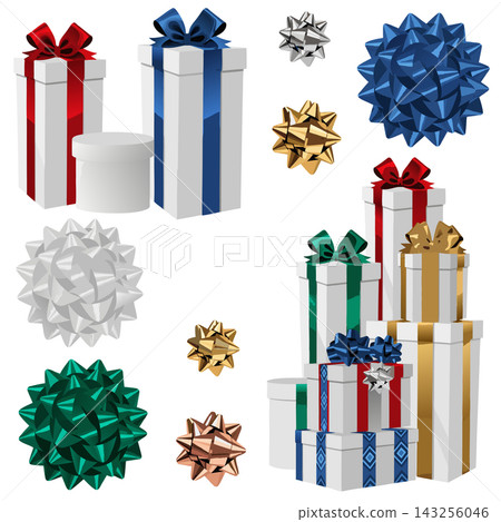 The image shows a collection of white gift boxes with colorful ribbons The image shows a collection of white gift boxes with colorful ribbons 143256046