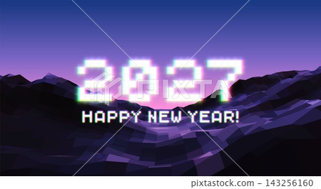 Pixel 2027 Happy New Year greeting above dark polygon mountain landscape Pixel 2027 Happy New Year greeting above dark polygon mountain landscape 143256160