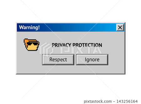 Vintage privacy protection warning popup with folder shield icon and respect ignore buttons Vintage privacy protection warning popup with folder shield icon and respect ignore buttons 143256164