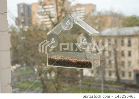 Empty transparent bird feeder filled with seeds is attached to a window with suction cups against an urban background. Bird feeding station, wildlife care, city nature and birdwatching concept Empty transparent bird feeder filled with seeds is attached to a window with suction cups against an urban background. Bird feeding station, wildlife care, city nature and birdwatching concept 143256465