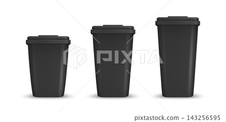Black Trash Bins, Vector Illustration. 3d Trash Bins in Three Sizes. Trash Bins Isolated for Outdoor Waste, Garbage, Recycling, Street Cleaning, City Parks, Public Spaces Black Trash Bins, Vector Illustration. 3d Trash Bins in Three Sizes. Trash Bins Isolated for Outdoor Waste, Garbage, Recycling, Street Cleaning, City Parks, Public Spaces 143256595