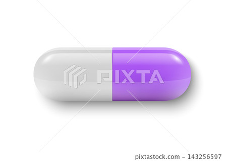 Purple Capsule Pill, Vector Illustration. 3d Capsule Pill with White Half. Capsule Pill Isolated. Medicine, Pharmacy, Health, Prescription, Treatment, Dosage, Pharmaceutical, Medical Design 143256597