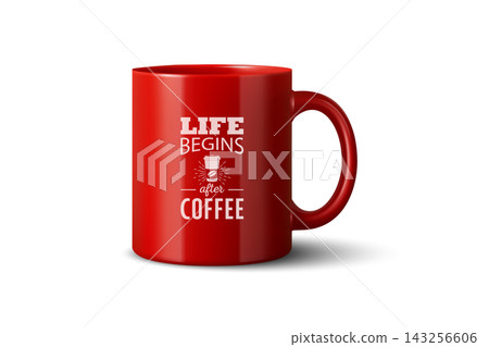 Red Coffee Mug, Vector Illustration. 3d Coffee Mug with White Typography. Coffee Mug Isolated for Cafe, Hot Drink, Morning Coffee, Tea, Beverage Branding, Merchandise, Restaurant, Kitchen Advertising 143256606