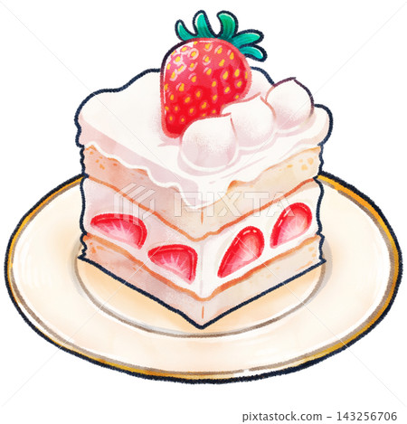 A hand-drawn illustration of a square strawberry cake on a plate. 143256706