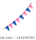 A garland of pink and blue triangular flags on a string, hand-painted in watercolor and set against an isolated background. Simple clip art for decorating festive and sporting events, and birthdays. 143256761