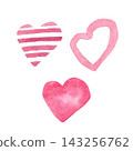 A set of stylized pink hearts, hand-painted with watercolors on an isolated background. Simple love-symbol clipart for decorating gifts, holidays, and parties. 143256762