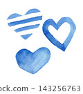 A set of stylized blue hearts, hand-painted with watercolors on an isolated background. Simple love-symbol clipart for decorating gifts, holidays, and parties. 143256763
