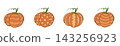 Four orange pumpkins with green stems and varied patterns isolated on 143256923