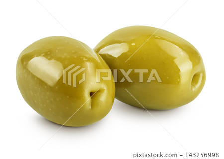 Green olives isolated on a white background with full depth of field Green olives isolated on a white background with full depth of field 143256998