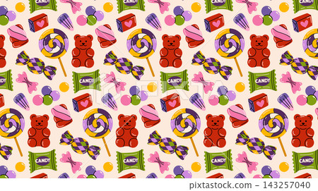 Cute cartoon seamless pattern with colorful illustration of lollipops, bubble gums, caramel, candy canes, wrapped candies, chocolate, jelly bears, fruit sweets and marshmallows for design and printing Cute cartoon seamless pattern with colorful illustration of lollipops, bubble gums, caramel, candy canes, wrapped candies, chocolate, jelly bears, fruit sweets and marshmallows for design and printing 143257040