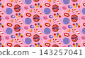 Cute cartoon pattern with colorful illustration of lollipops, bubble gums, caramel, candy canes, candies, chocolate, jelly fruit sweets and marshmallows on pink background for design and printing.  143257041