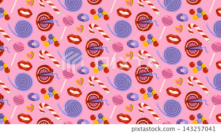 Cute cartoon pattern with colorful illustration of lollipops, bubble gums, caramel, candy canes, candies, chocolate, jelly fruit sweets and marshmallows on pink background for design and printing. Cute cartoon pattern with colorful illustration of lollipops, bubble gums, caramel, candy canes, candies, chocolate, jelly fruit sweets and marshmallows on pink background for design and printing. 143257041