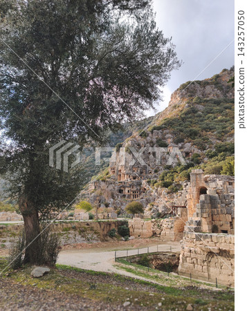 Ancient Roman theater and Lycian rock-cut tombs at Myra in Turkey Ancient Roman theater and Lycian rock-cut tombs at Myra in Turkey 143257050