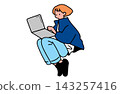 Flat vector illustration of a young person floating or sitting in the air while operating a laptop. 143257416