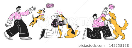 Dog Owner Playing And Hugging Cartoon Dog Owner Playing And Hugging Cartoon 143258128