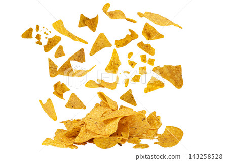 snacks potato corn triangle scrap fall drop splash isolated on white background snacks potato corn triangle scrap fall drop splash isolated on white background 143258528
