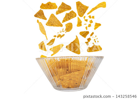 snacks potato corn triangle scrap glass fall drop splash isolated on white background snacks potato corn triangle scrap glass fall drop splash isolated on white background 143258546