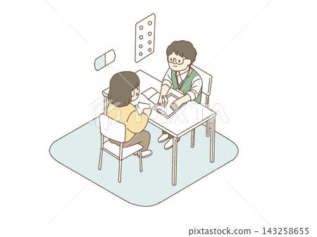 插圖描繪了一名志工在疏散中心檢查災民藥記錄的情景。 143258655