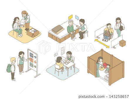 A set of 6 disaster preparedness illustrations for evacuation shelters that are considerate of diverse needs. A set of 6 disaster preparedness illustrations for evacuation shelters that are considerate of diverse needs. 143258657