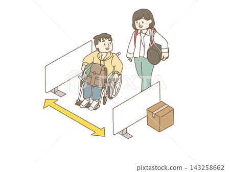 An illustration of an evacuation center with a wheelchair-accessible pathway. An illustration of an evacuation center with a wheelchair-accessible pathway. 143258662