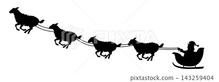 Silhouette of Santa Claus riding in a sleigh pulled by farm animals Silhouette of Santa Claus riding in a sleigh pulled by farm animals 143259404